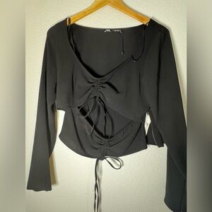 Zara Black Ruched Front Long Sleeve Top